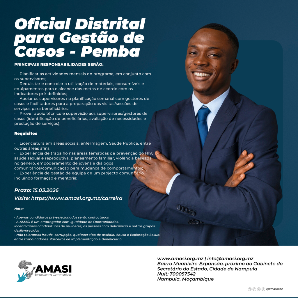 Estamos à procura de Oficial Distrital para Gestão de Casos — Pemba (Cabo Delgado)
