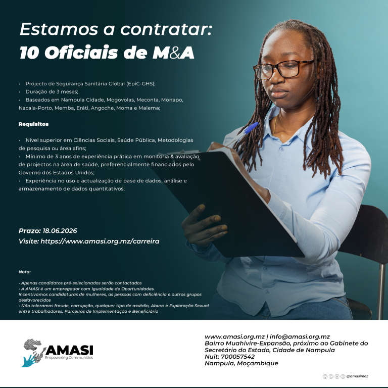 Estamos a contratar: 10 Oficiais de Monitoria e Avaliação
